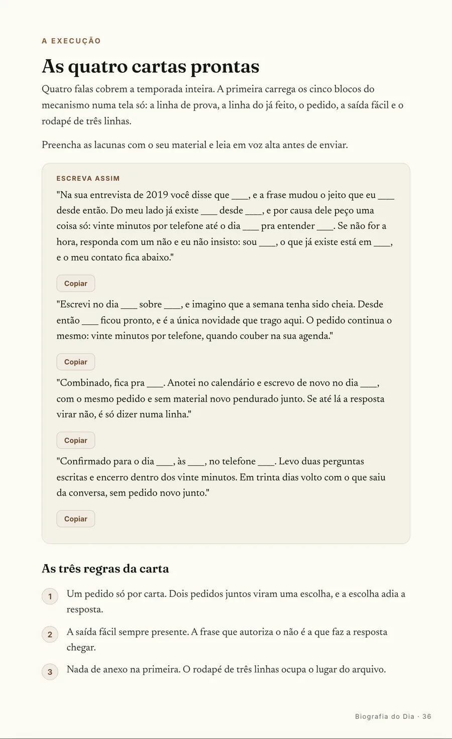 Cartas prontas: As quatro cartas prontas, com a regra de tamanho ao lado de cada uma